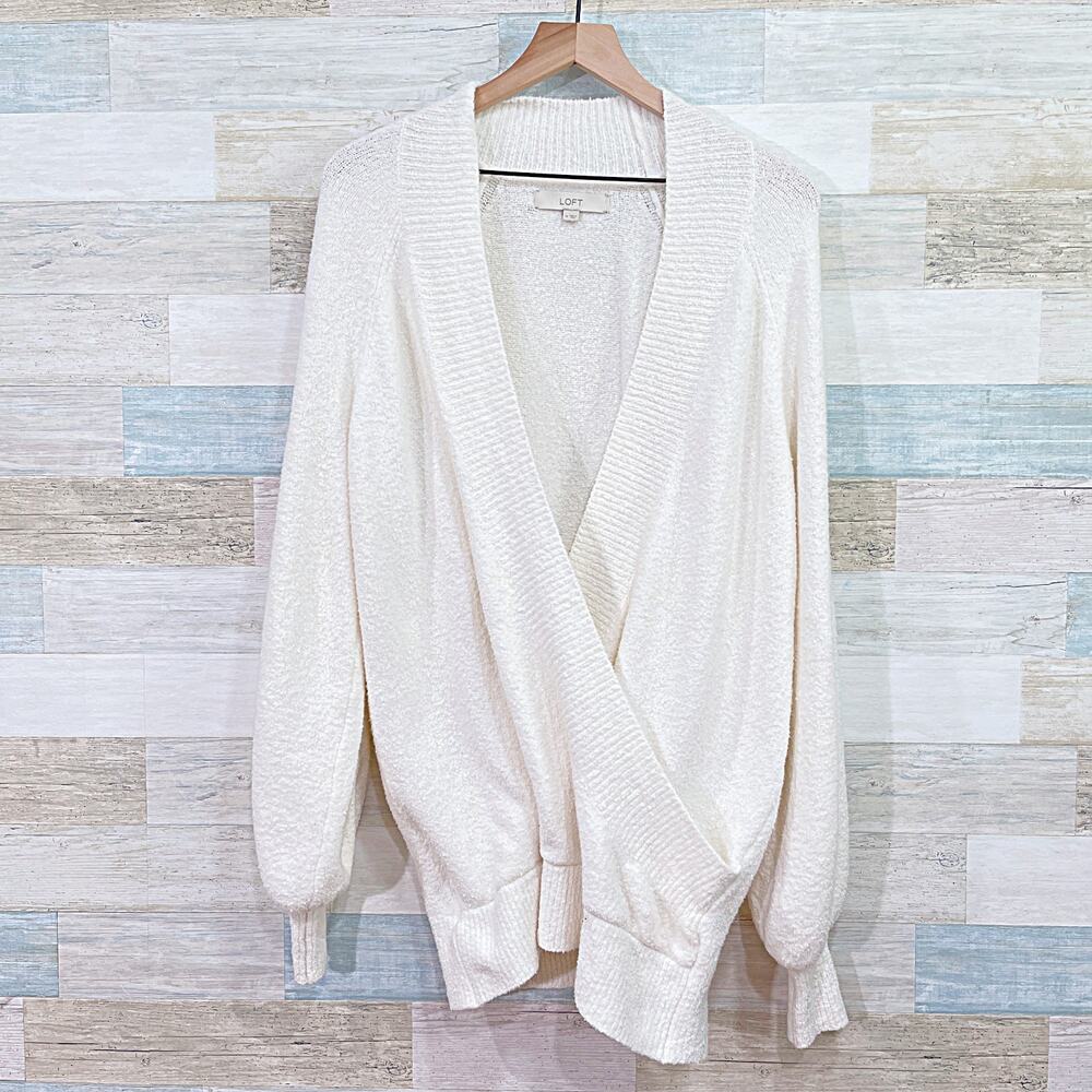 LOFT Oversized Soft Stretchy Wrap Sweater Cream Cotton Wool Blend Womens Medium